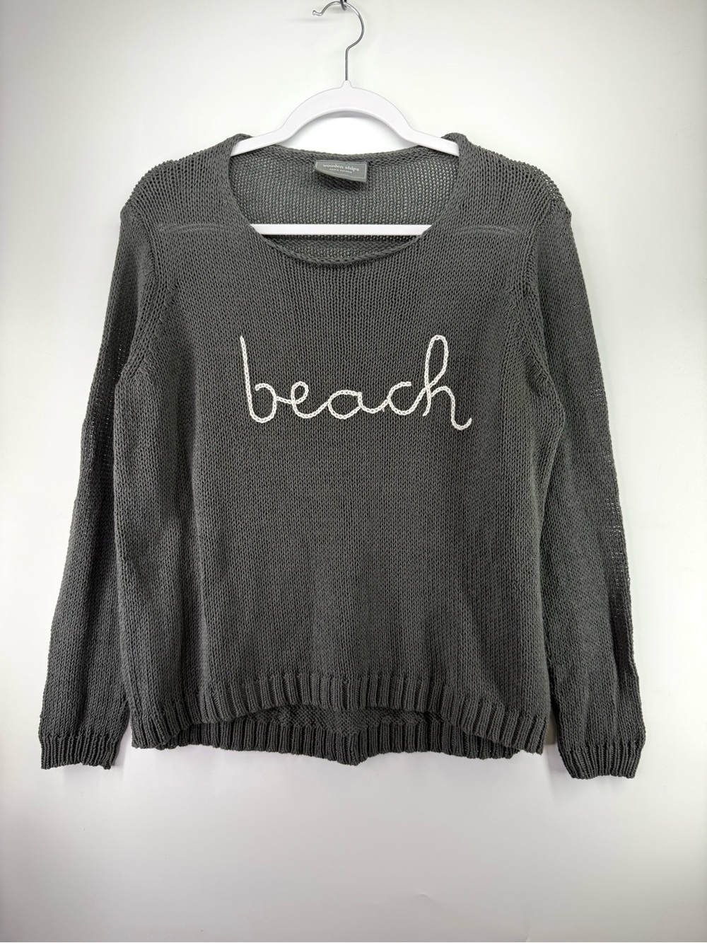 Wooden Ships Gray ‘Beach’ Embroidered Open Crewneck Knit Sweater S/M